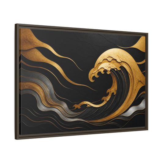Main Mockup. Golden Wave Abstract shown as framed canvas print