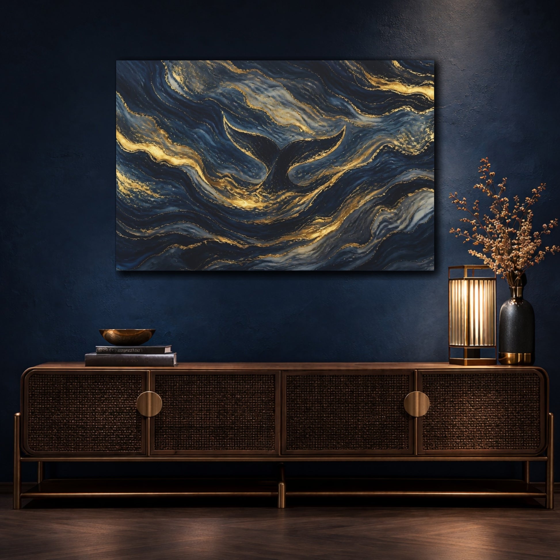 Mockup 4. Golden Whale Tail Waves shown as canvas print