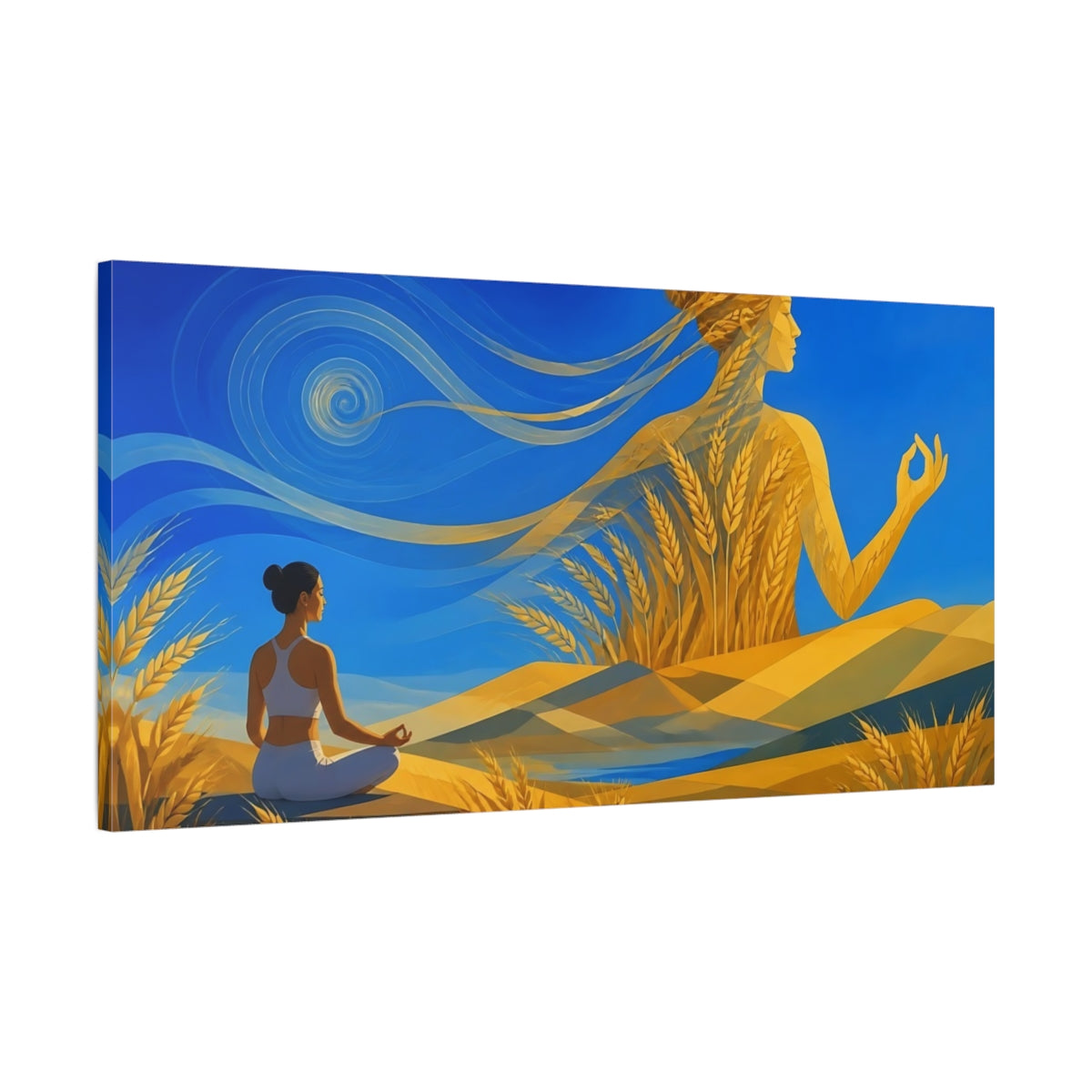 Main Mockup. Golden Wheat Meditation shown as canvas print