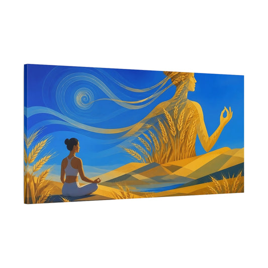 Main Mockup. Golden Wheat Meditation shown as canvas print