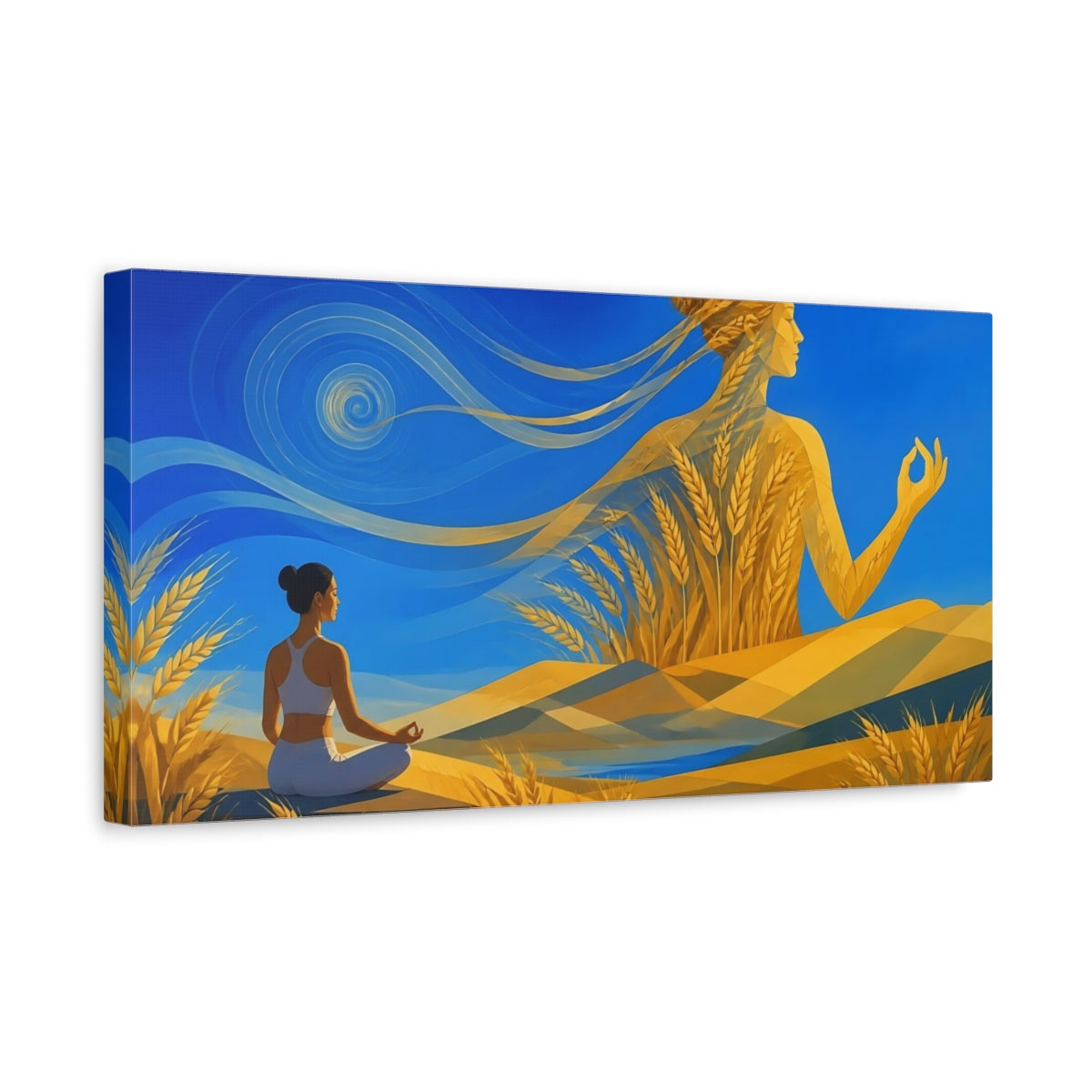 Side Mockup 3. Golden Wheat Meditation shown as canvas print