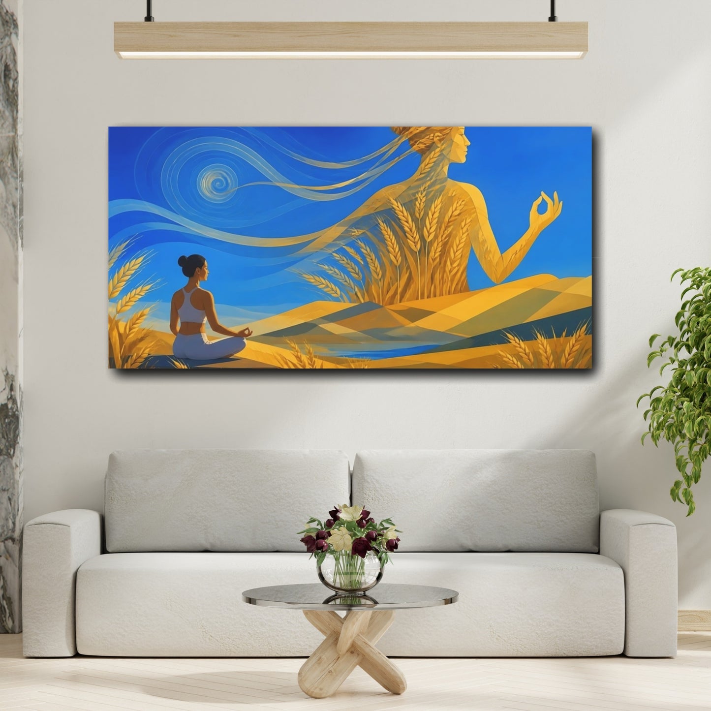 Mockup 2. Golden Wheat Meditation shown as canvas print