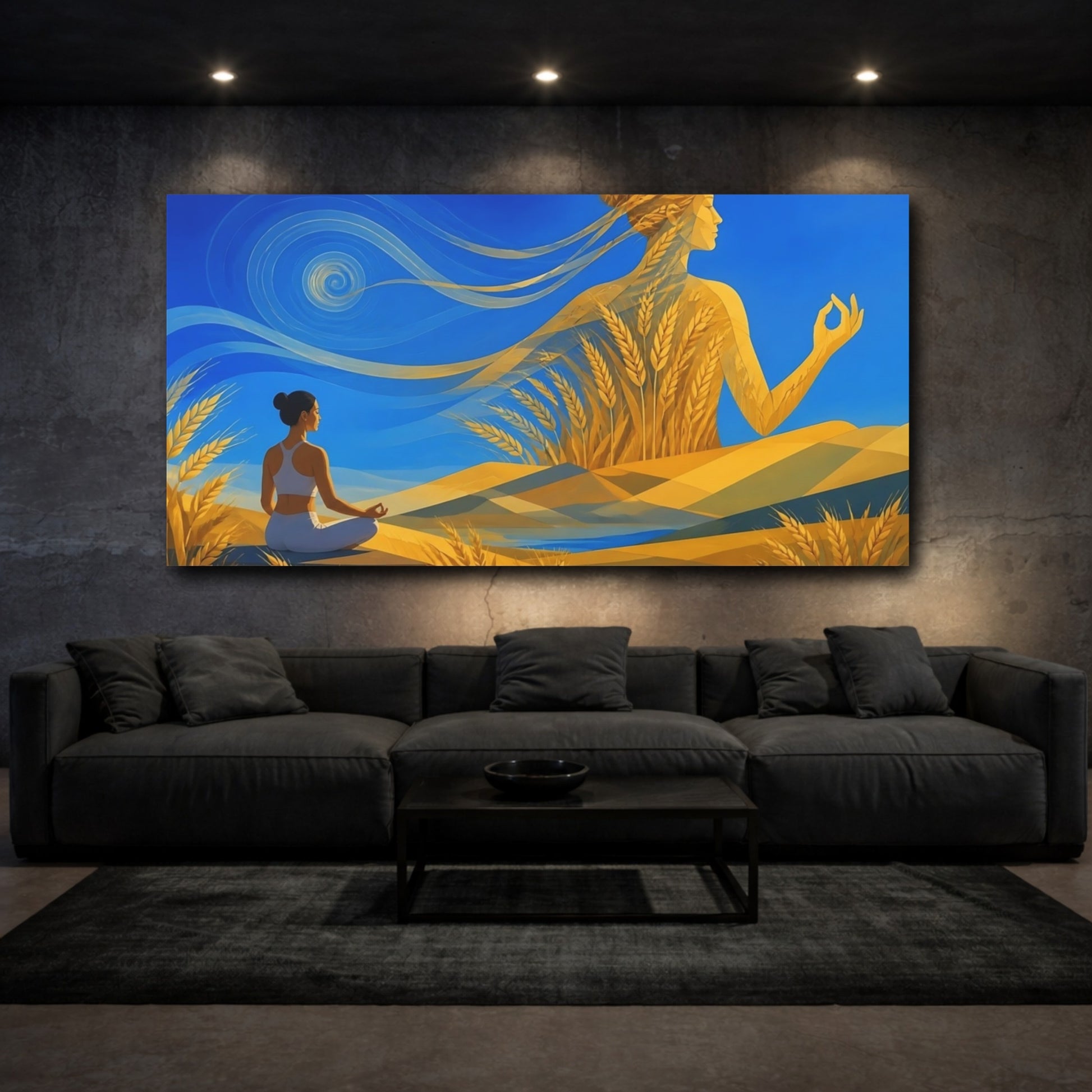 Mockup 3. Golden Wheat Meditation shown as canvas print