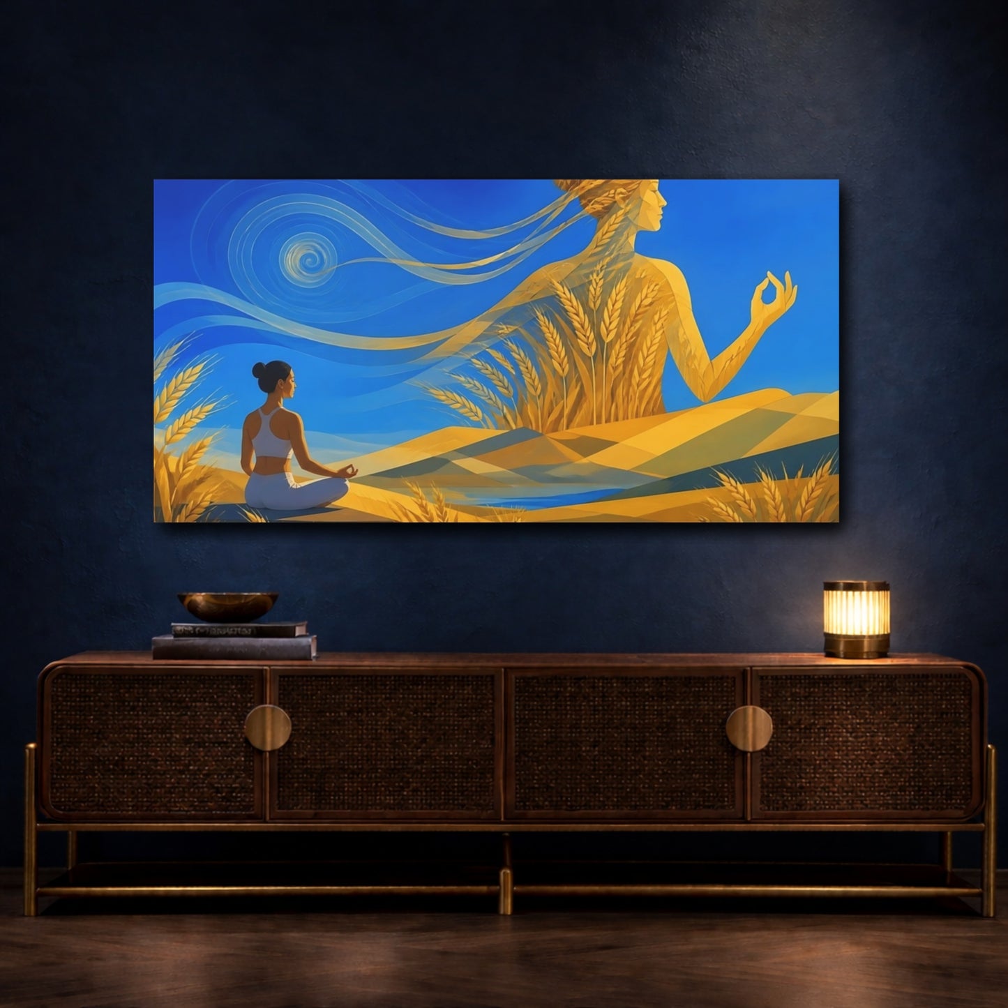 Mockup 4. Golden Wheat Meditation shown as canvas print