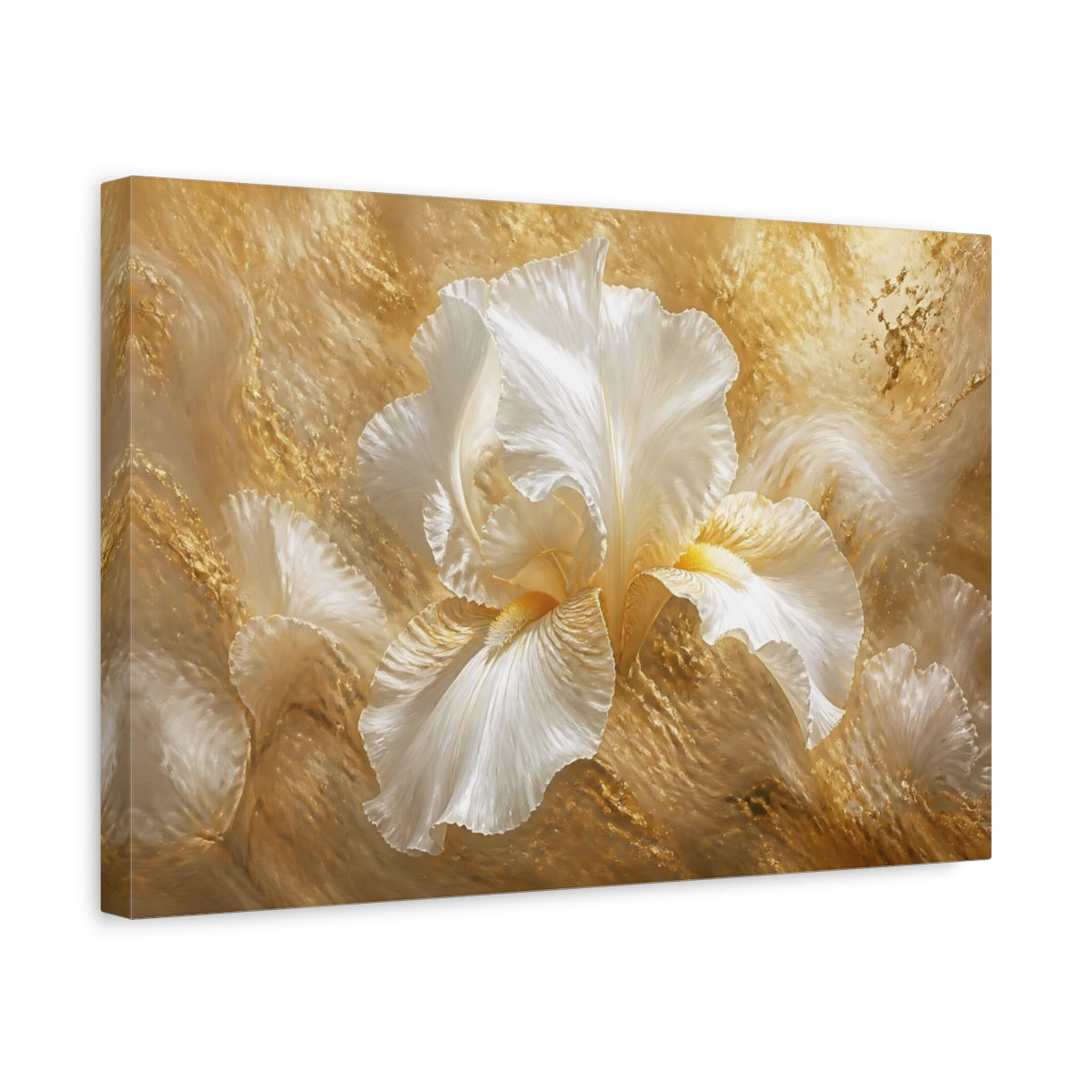 Side Mockup 4. Golden White Iris Bloom shown as canvas print