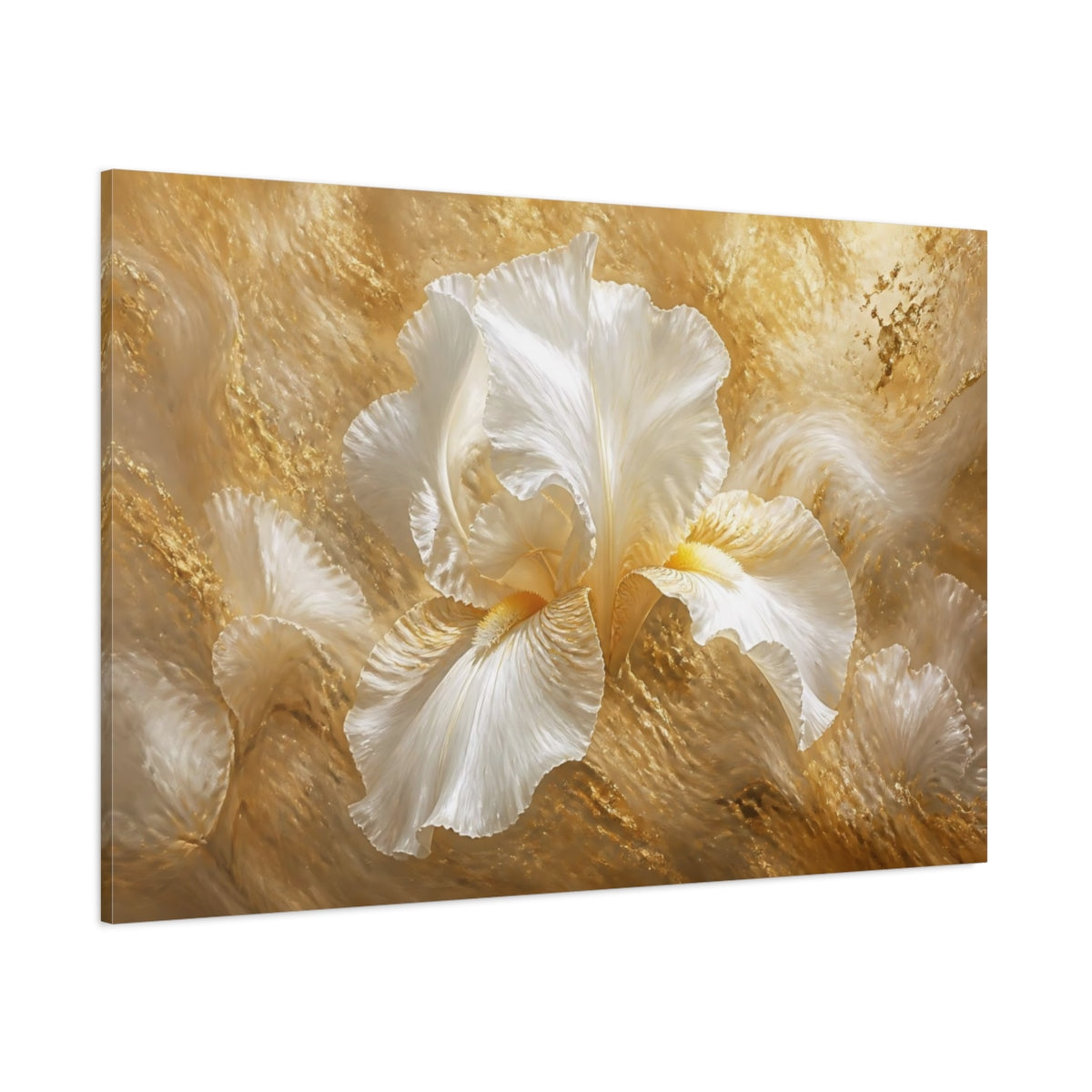 Side Mockup 1. Golden White Iris Bloom shown as canvas print