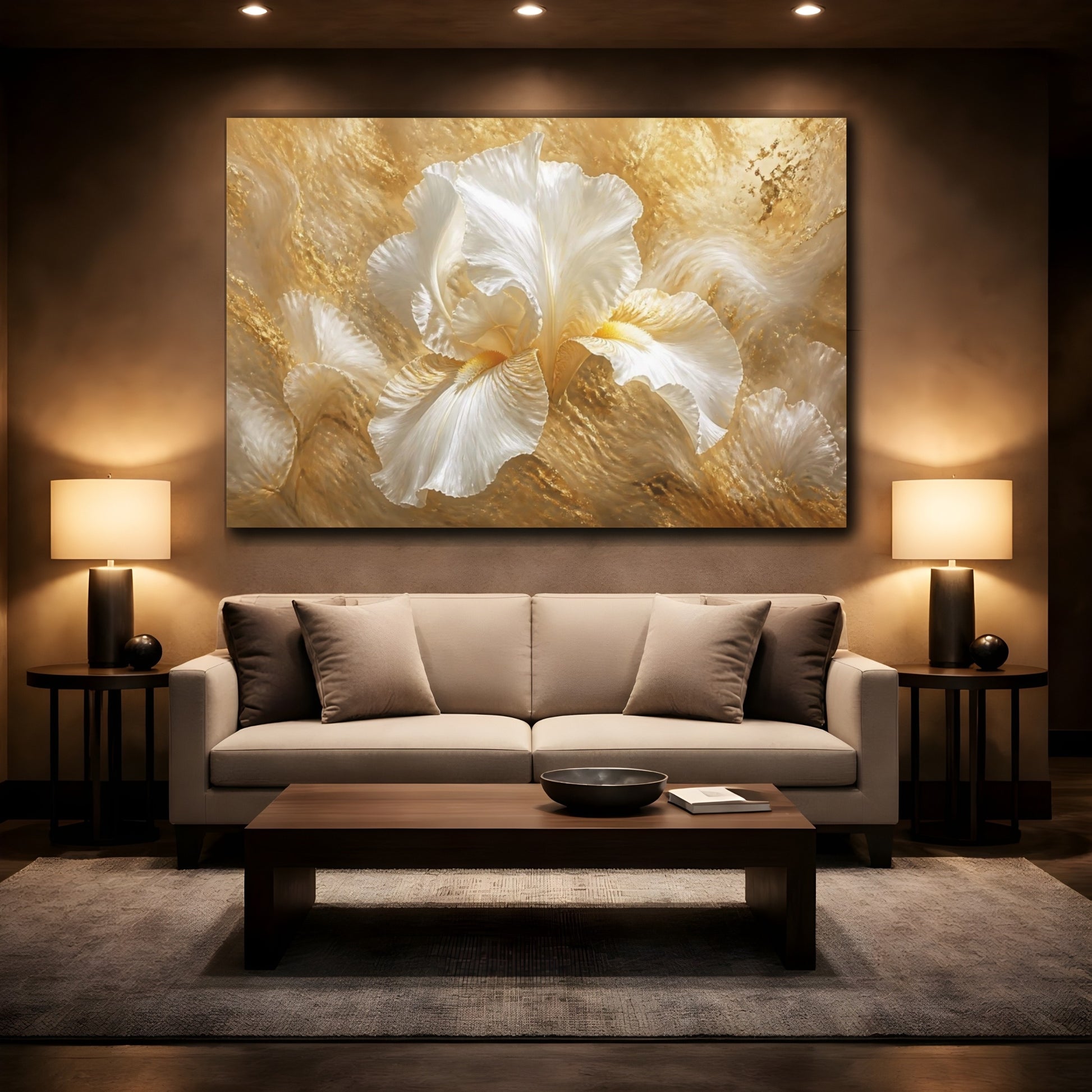 Mockup 2. Golden White Iris Bloom shown as canvas print
