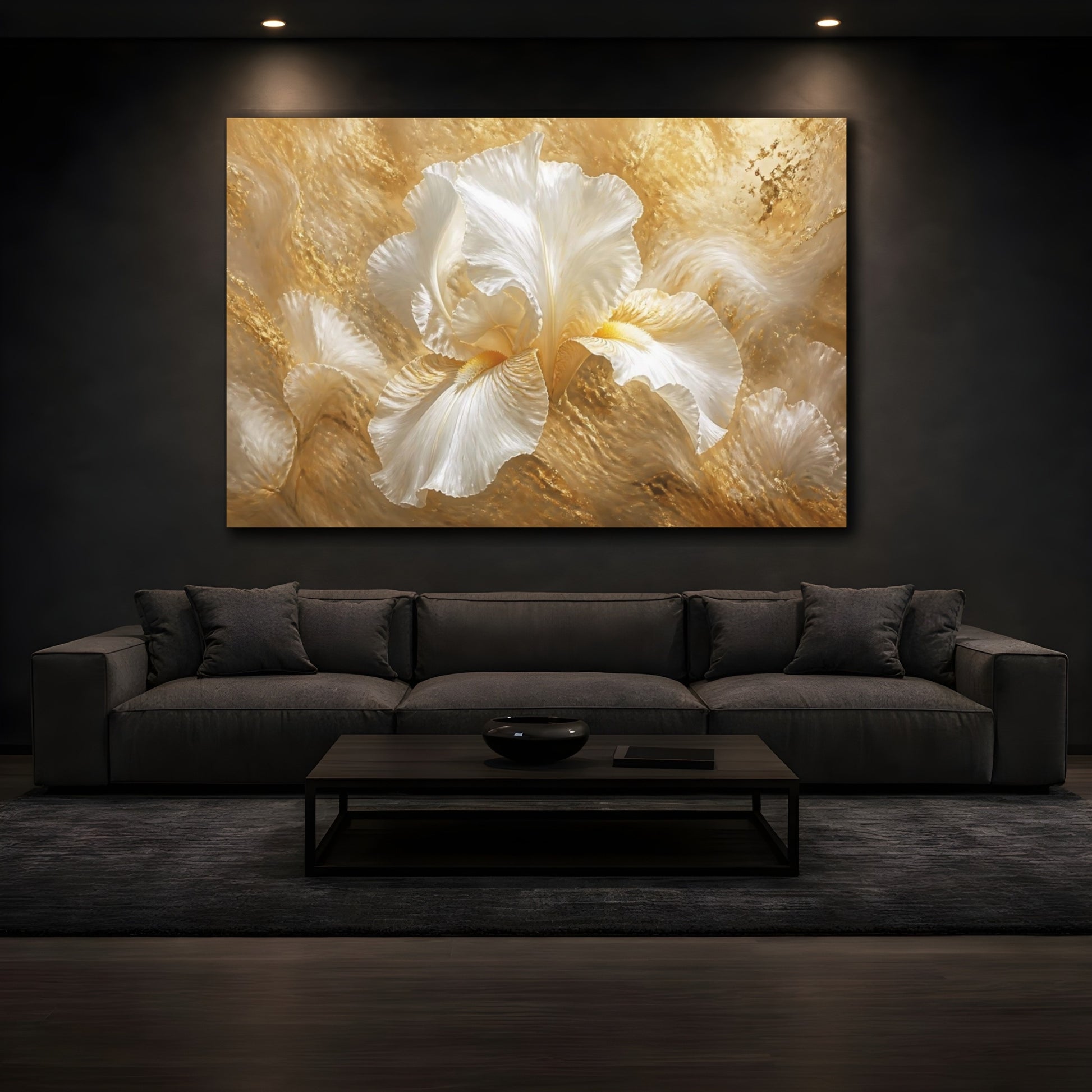 Mockup 3. Golden White Iris Bloom shown as canvas print