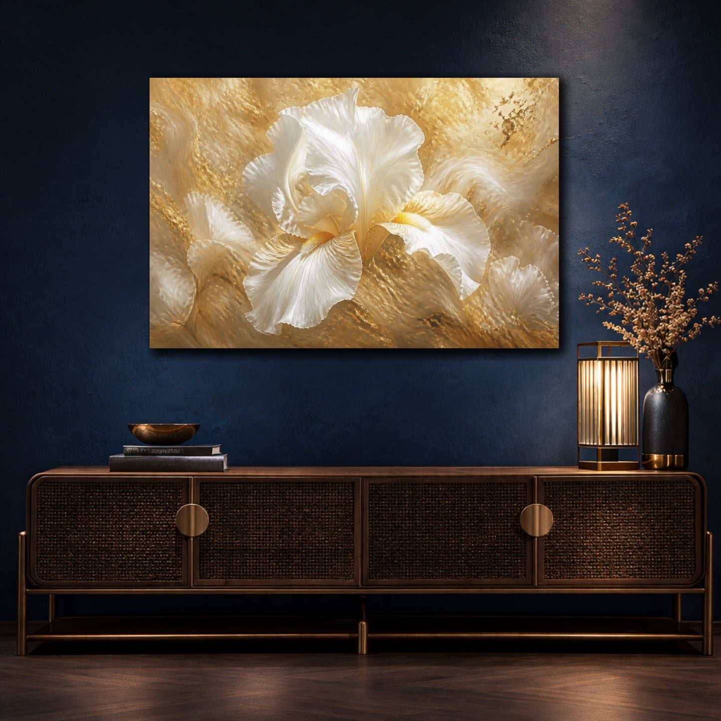 Mockup 4. Golden White Iris Bloom shown as canvas print