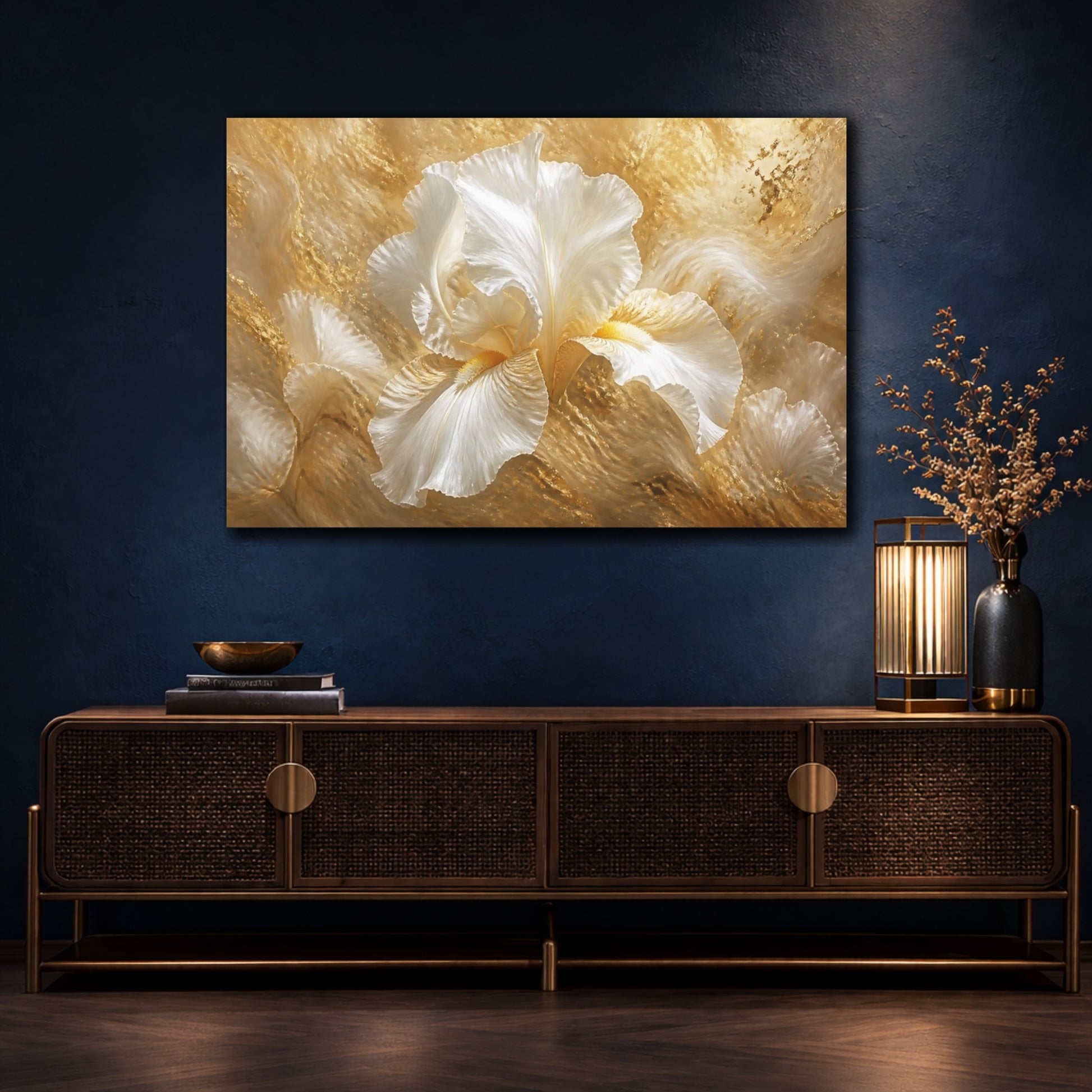 Mockup 4. Golden White Iris Bloom shown as canvas print