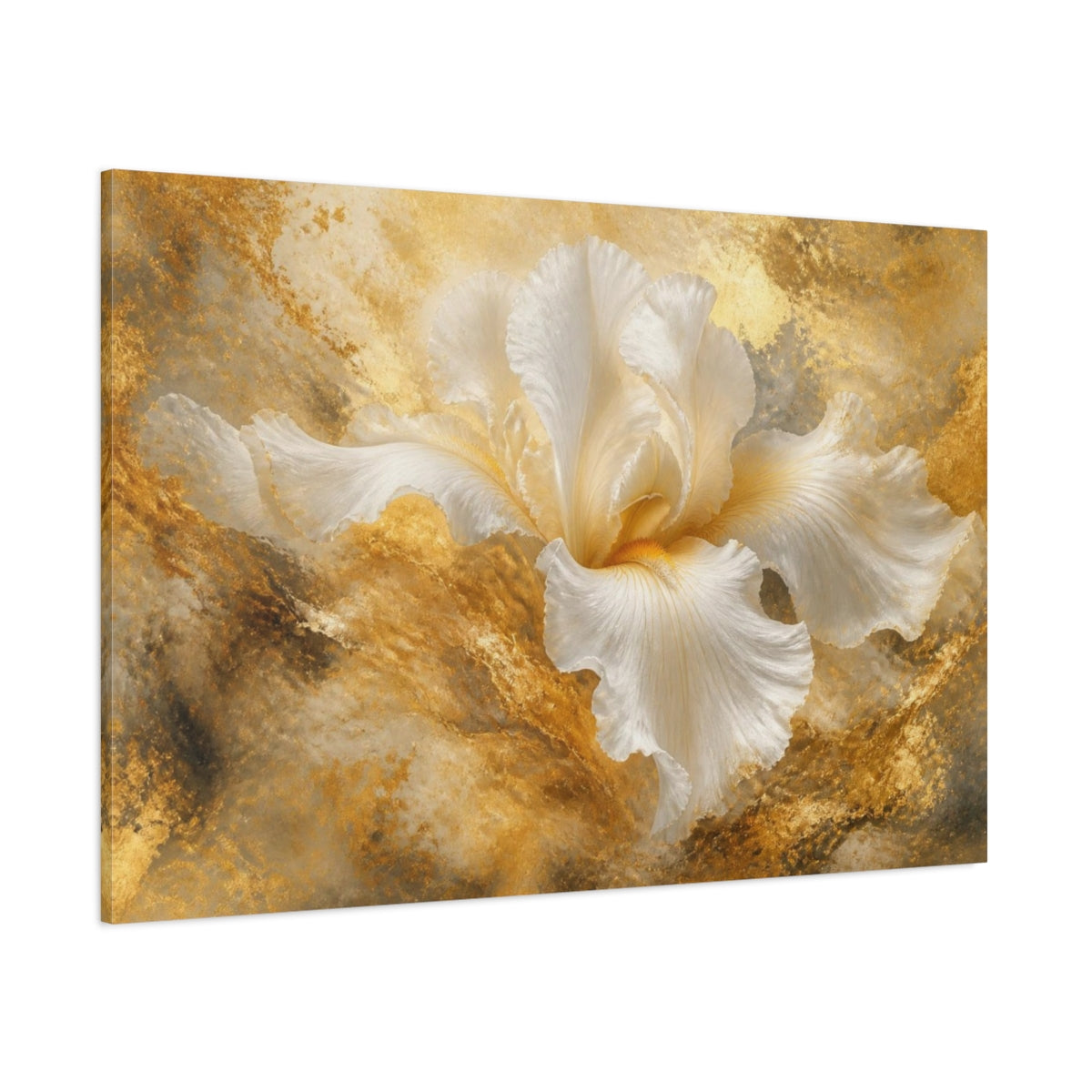 Side Mockup 1. Golden White Iris shown as canvas print