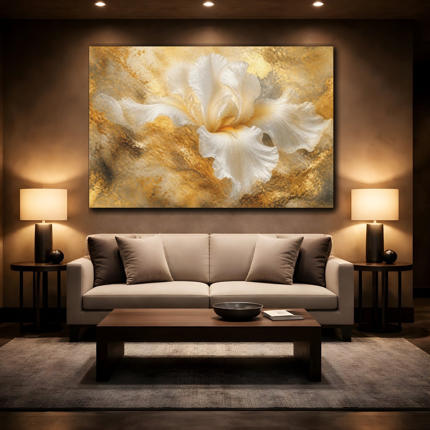 Mockup 2. Golden White Iris shown as canvas print
