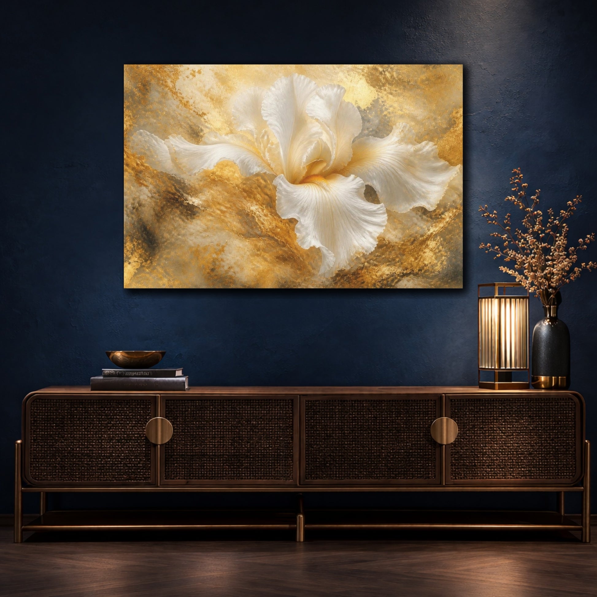 Mockup 4. Golden White Iris shown as canvas print