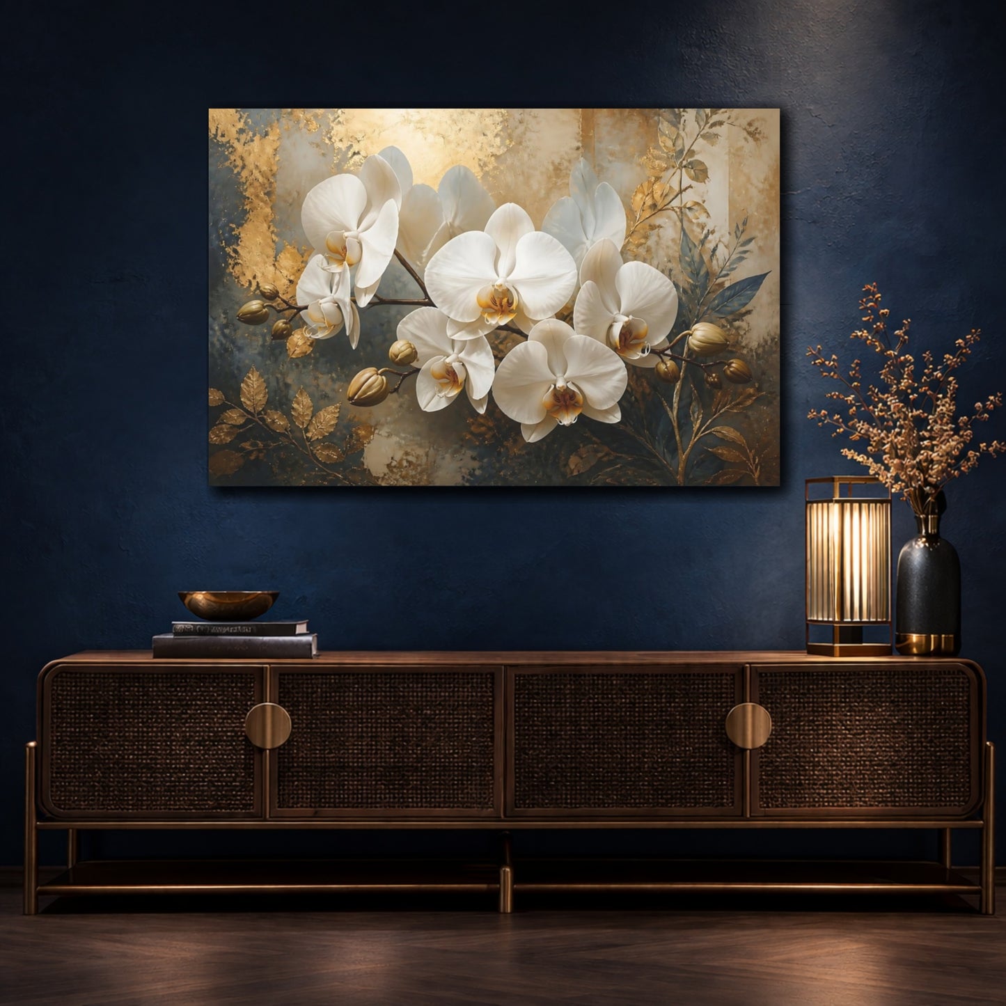 Mockup 4. Golden White Orchid Branch shown as canvas print