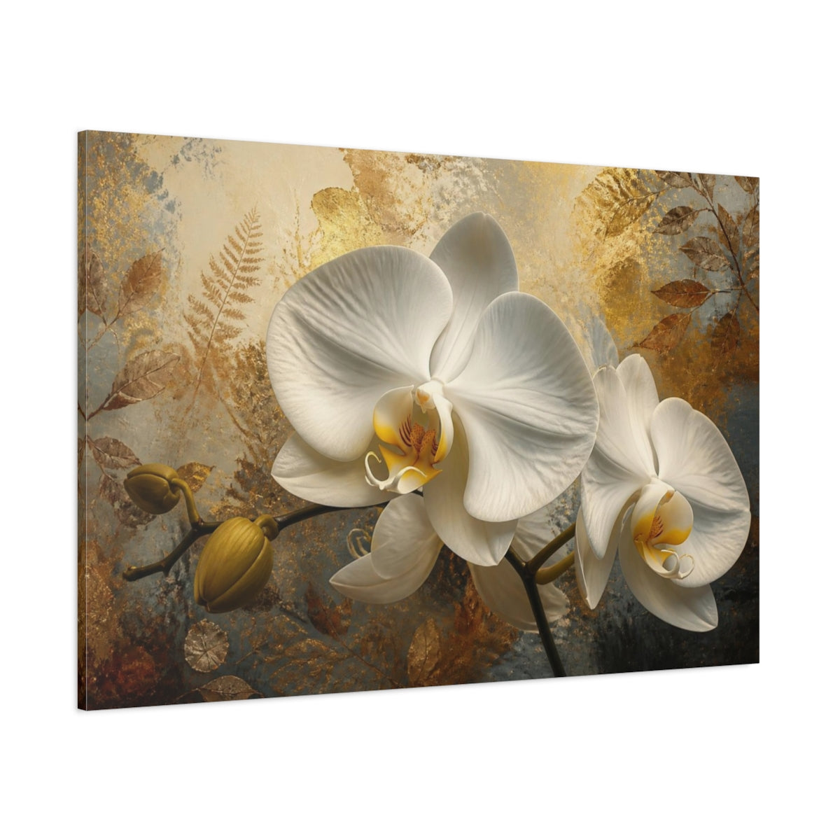 Side Mockup 1. Golden White Orchid shown as canvas print