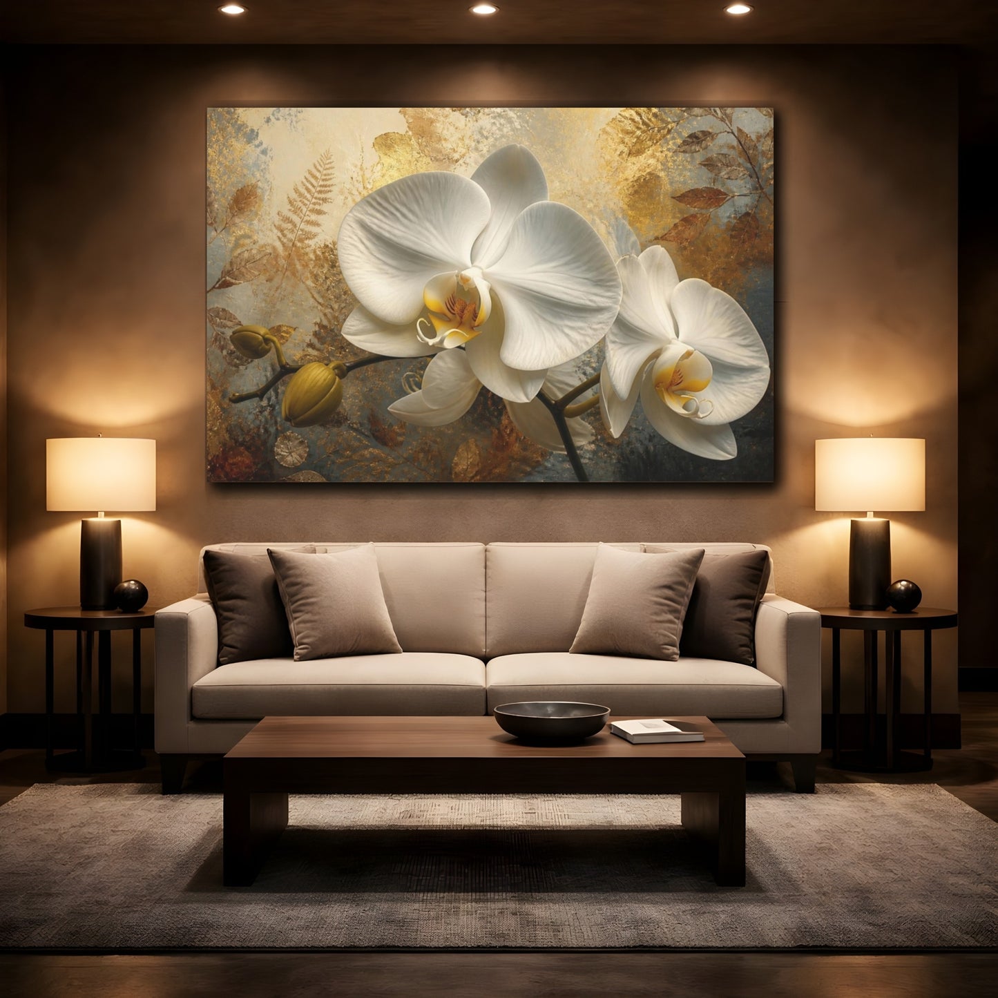 Mockup 2. Golden White Orchid shown as canvas print