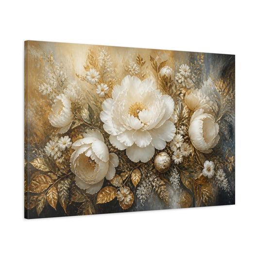 Main Mockup. Golden White Peony Bouquet shown as canvas print