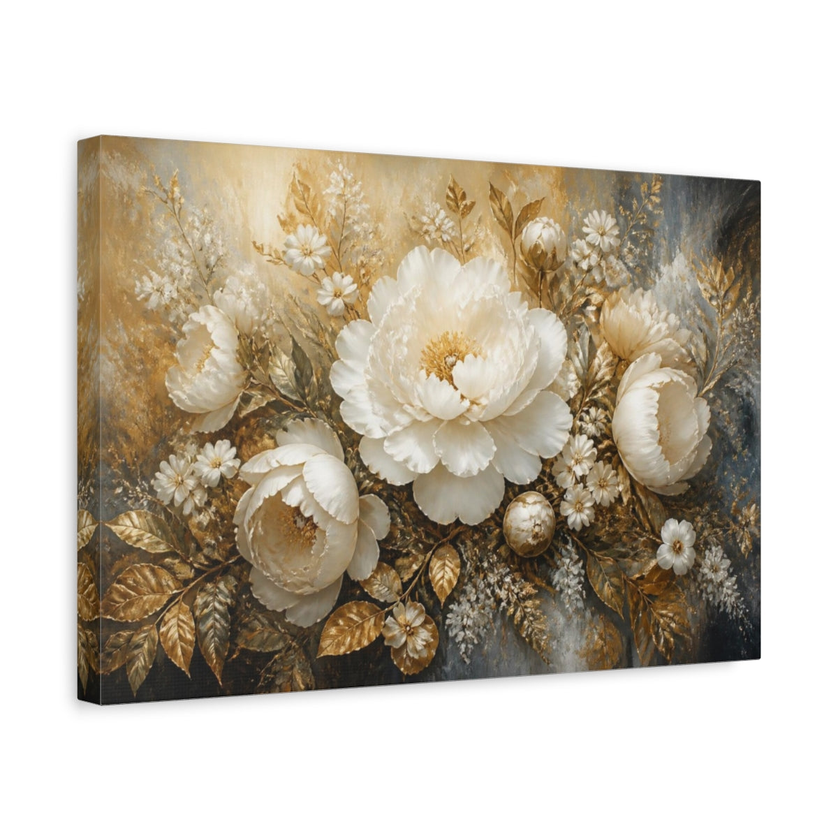 Side Mockup 4. Golden White Peony Bouquet shown as canvas print