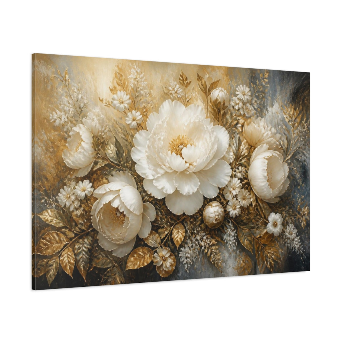 Side Mockup 1. Golden White Peony Bouquet shown as canvas print