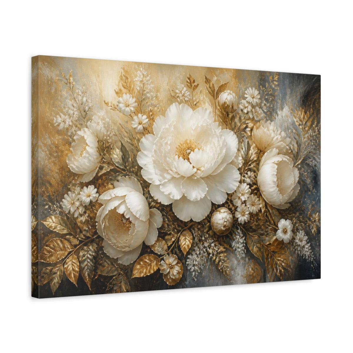 Side Mockup 3. Golden White Peony Bouquet shown as canvas print