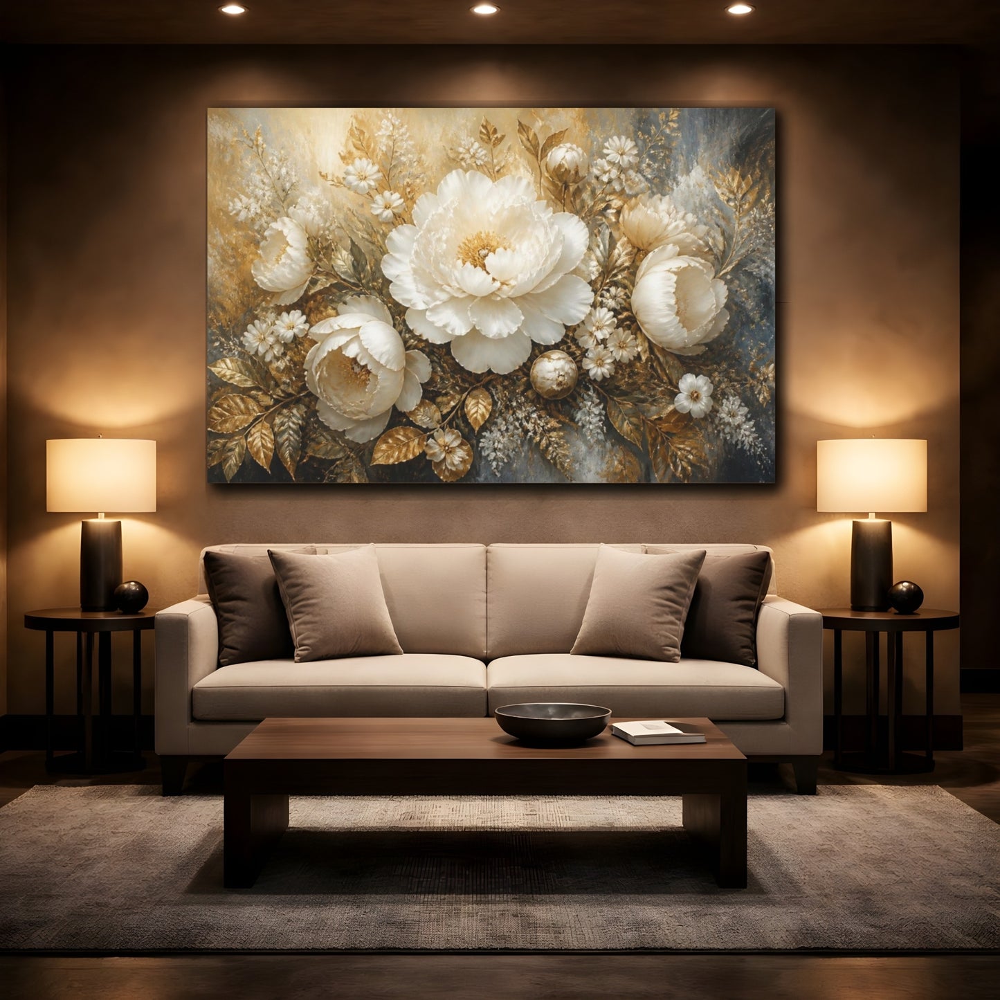 Mockup 2. Golden White Peony Bouquet shown as canvas print
