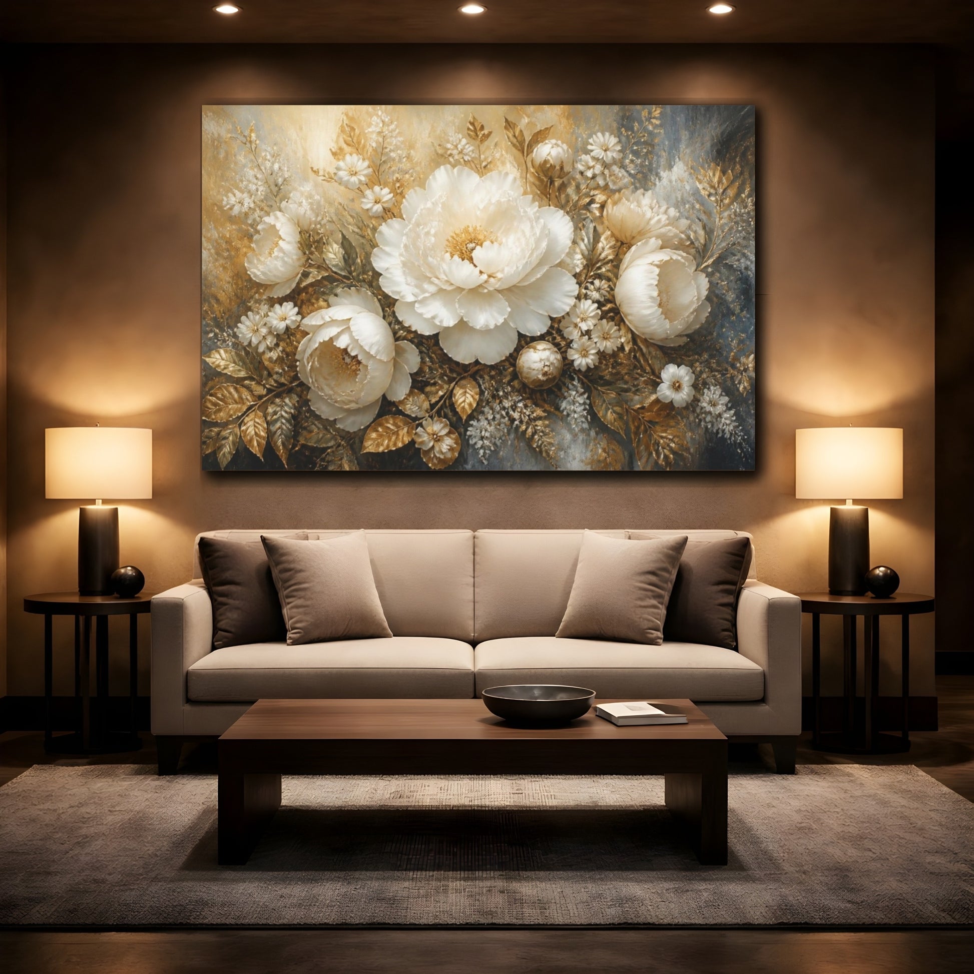 Mockup 2. Golden White Peony Bouquet shown as canvas print