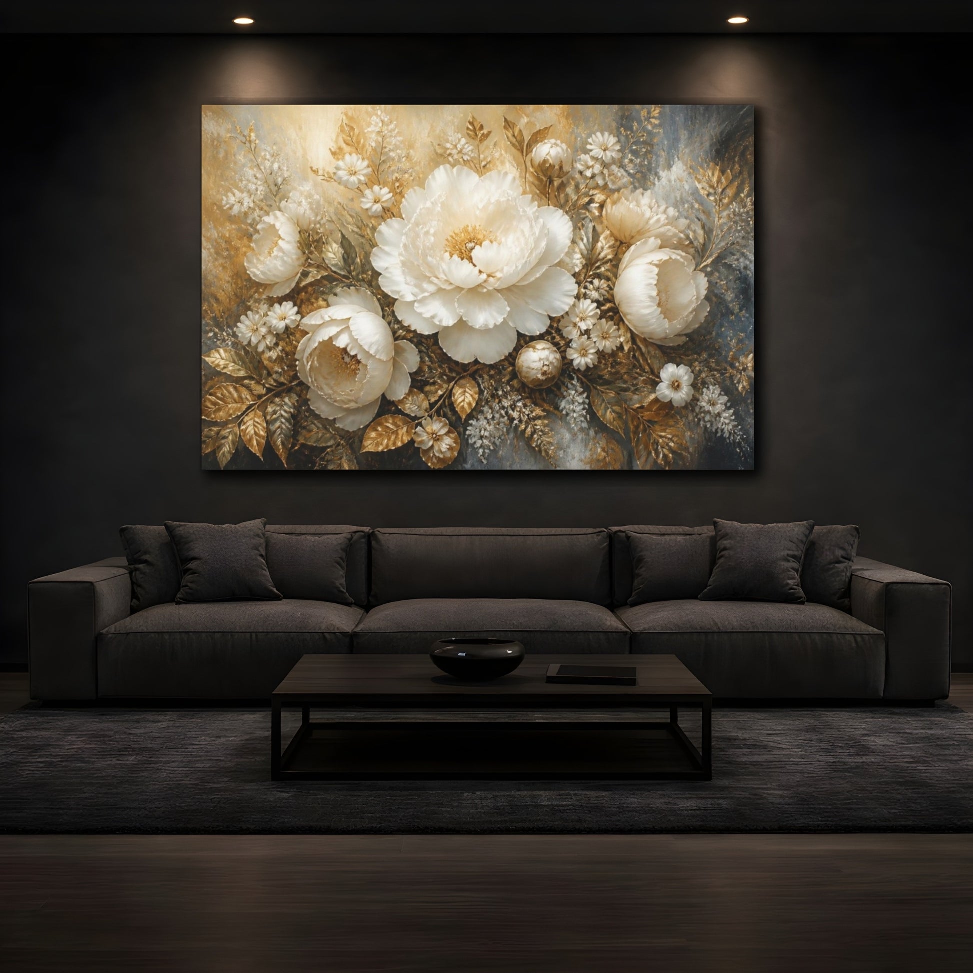 Mockup 3. Golden White Peony Bouquet shown as canvas print