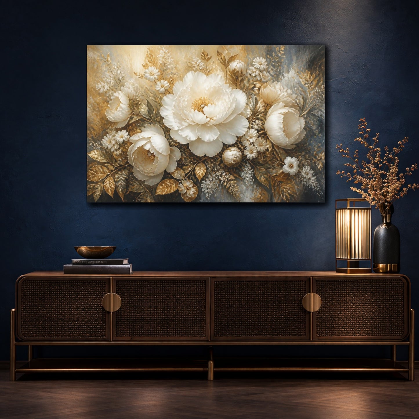 Mockup 4. Golden White Peony Bouquet shown as canvas print
