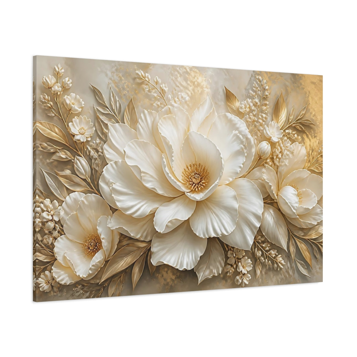 Side Mockup 1. Golden White Peony shown as canvas print