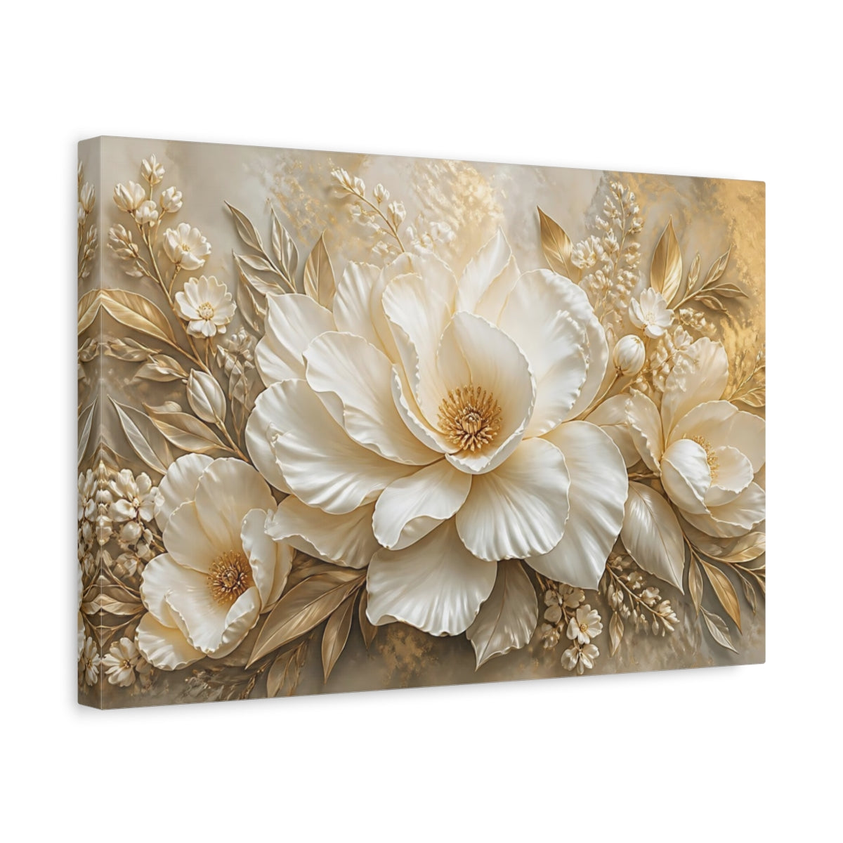 Side Mockup 4. Golden White Peony shown as canvas print
