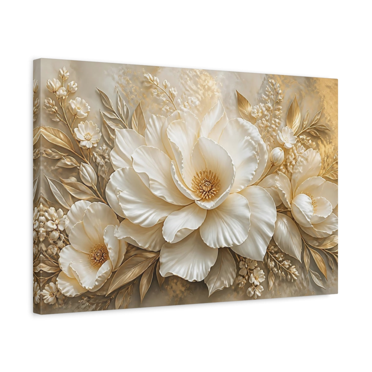 Side Mockup 3. Golden White Peony shown as canvas print