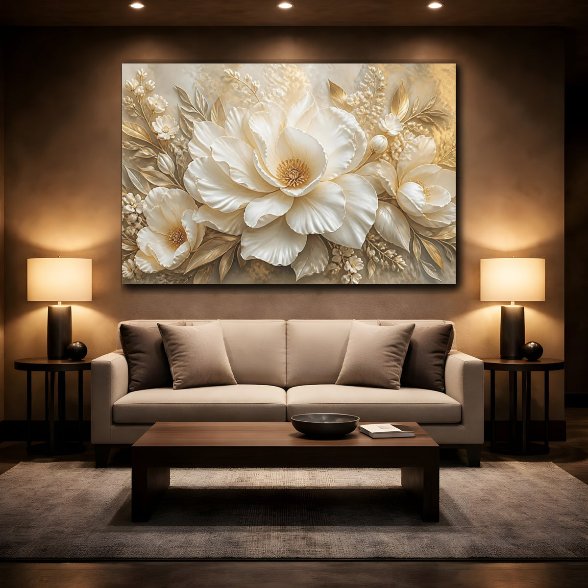 Mockup 2. Golden White Peony shown as canvas print