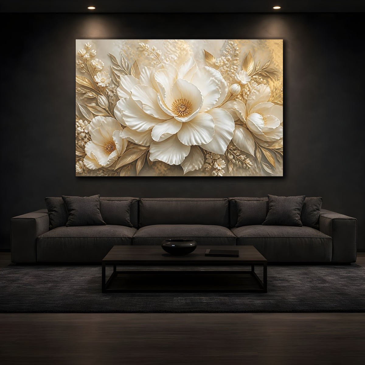 Mockup 3. Golden White Peony shown as canvas print
