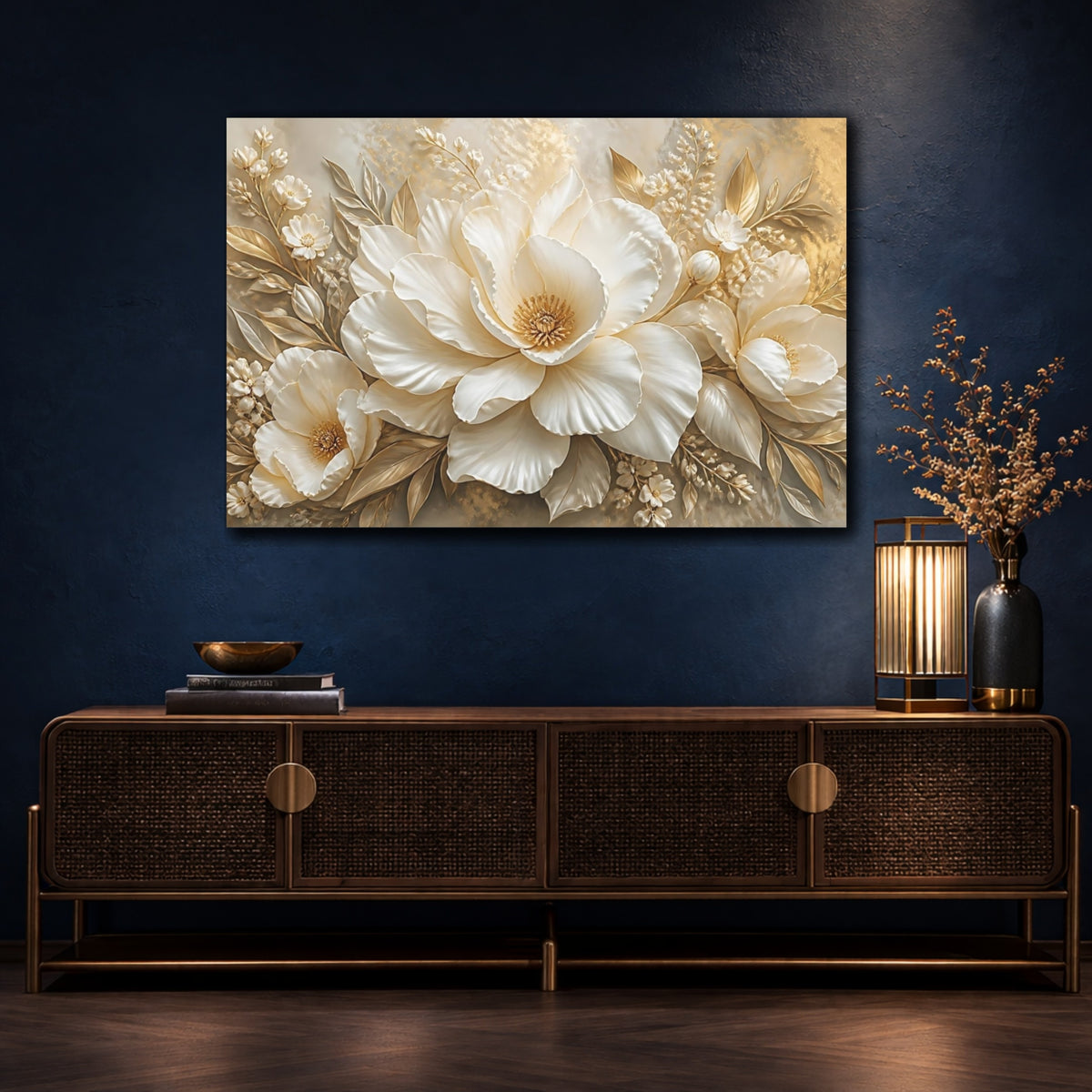 Mockup 4. Golden White Peony shown as canvas print