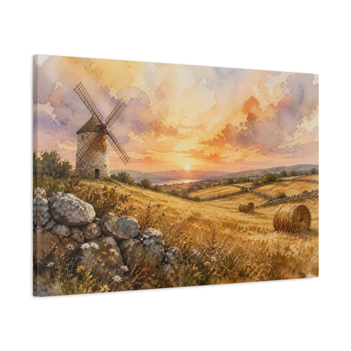 Main Mockup. Golden Windmill Landscape shown as canvas print