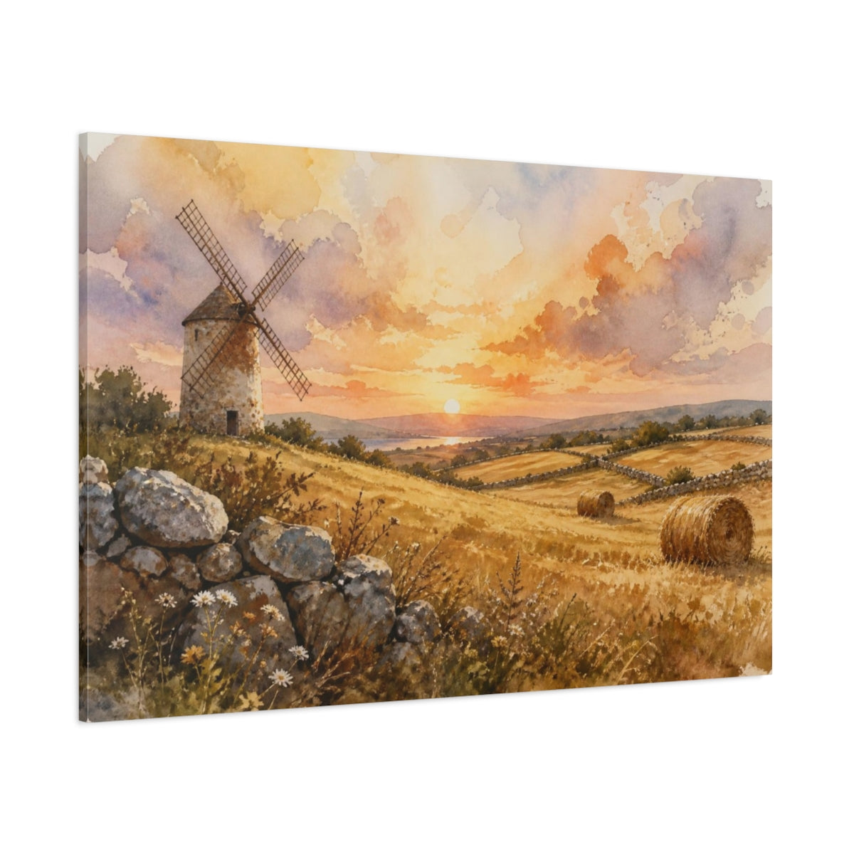 Side Mockup 1. Golden Windmill Landscape shown as canvas print