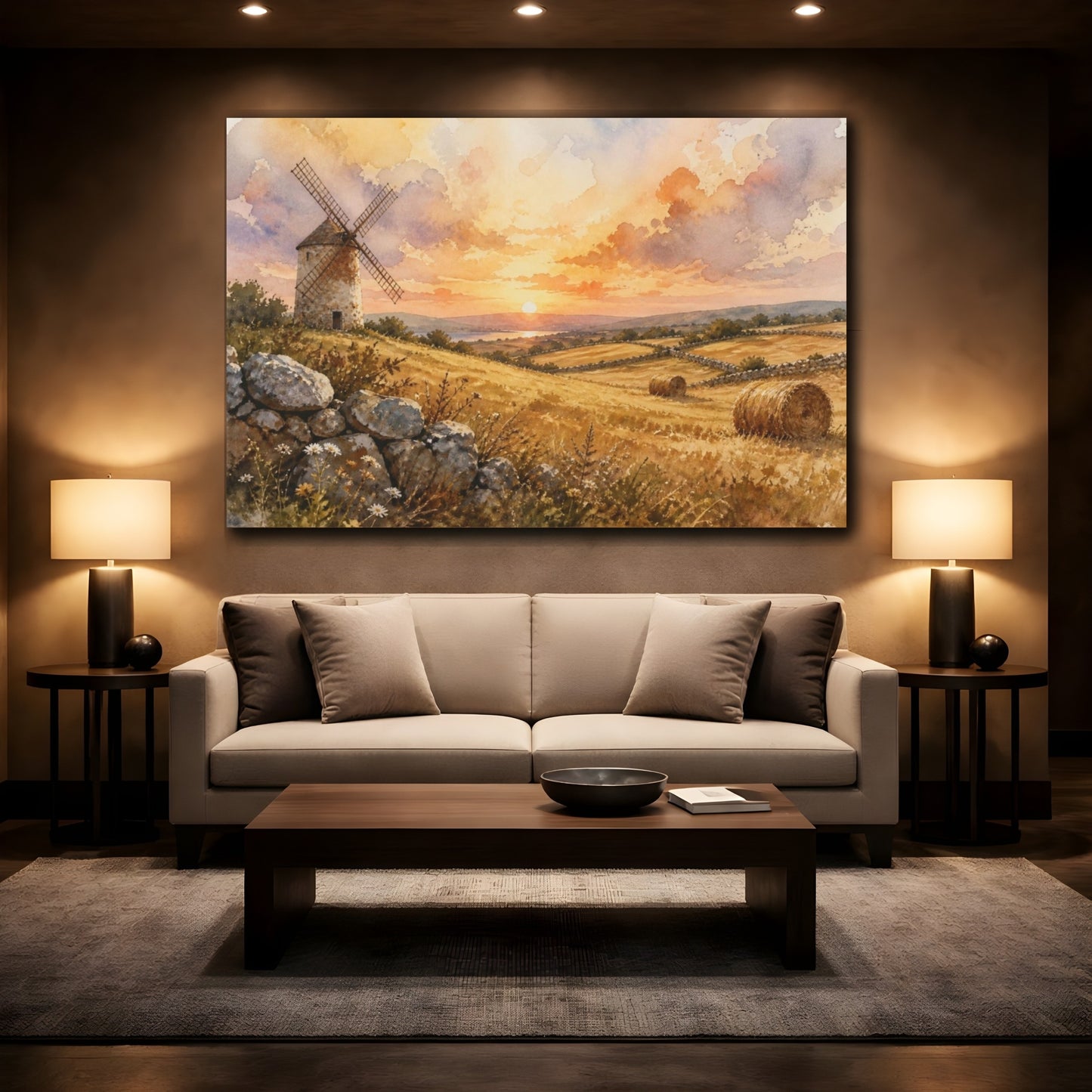 Mockup 2. Golden Windmill Landscape shown as canvas print