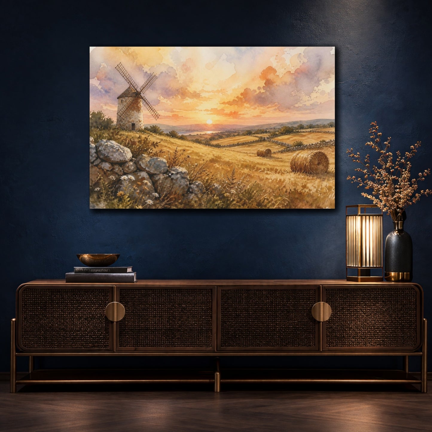 Mockup 4. Golden Windmill Landscape shown as canvas print