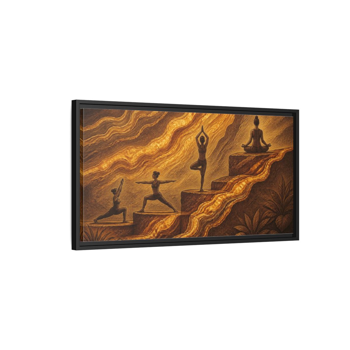 Side Mockup 2. Golden Yoga Flow shown as framed canvas print