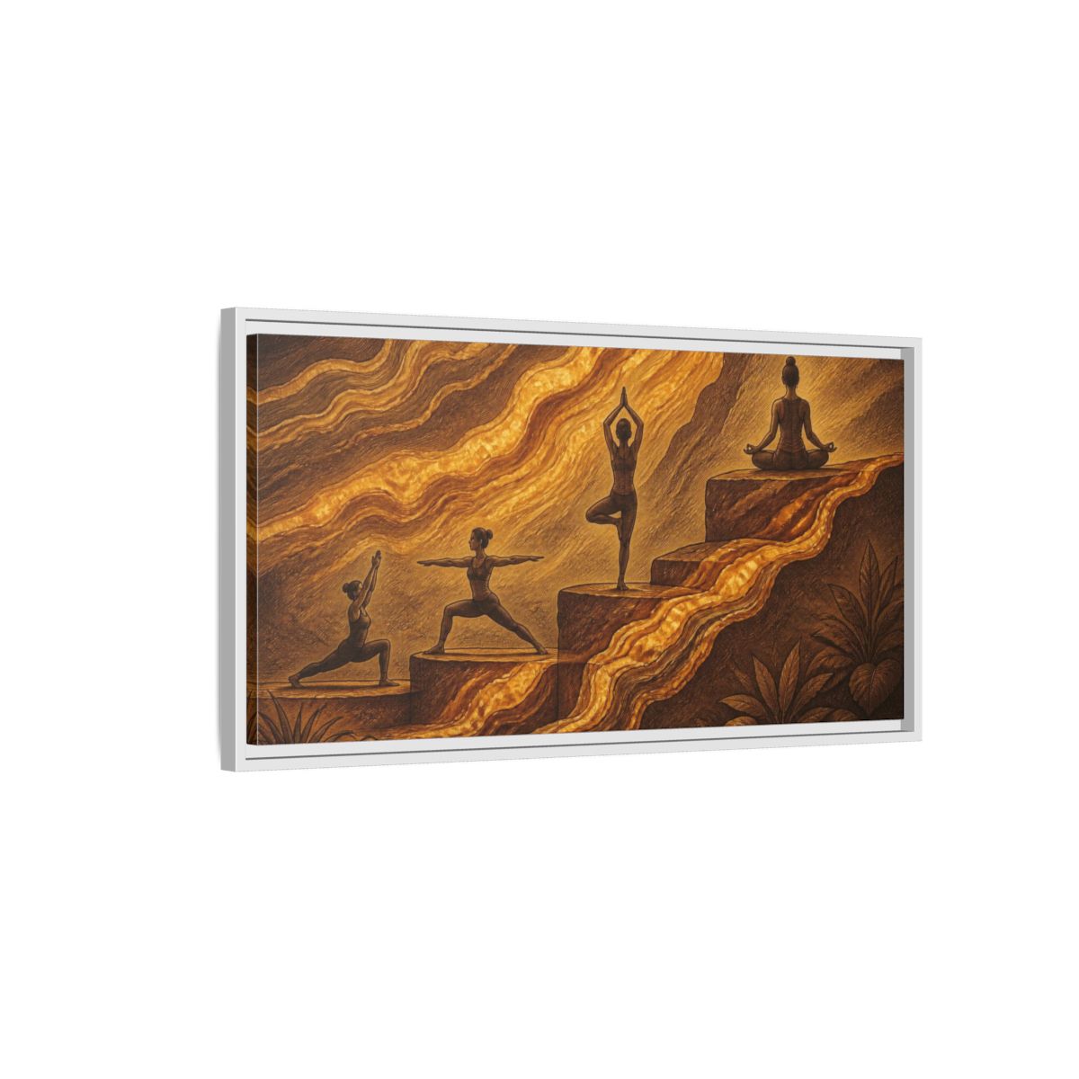 Side Mockup 1. Golden Yoga Flow shown as framed canvas print