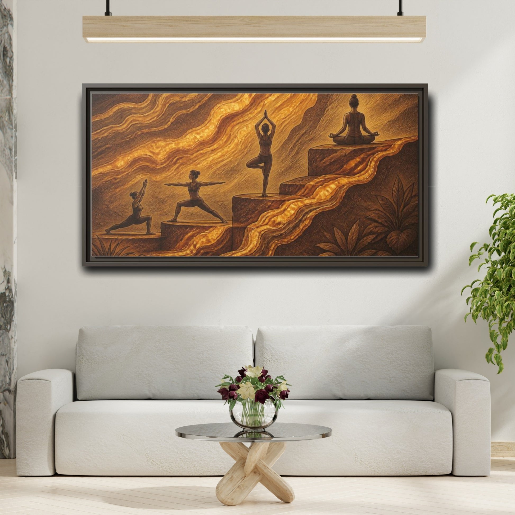 Mockup 2. Golden Yoga Flow shown as framed canvas print