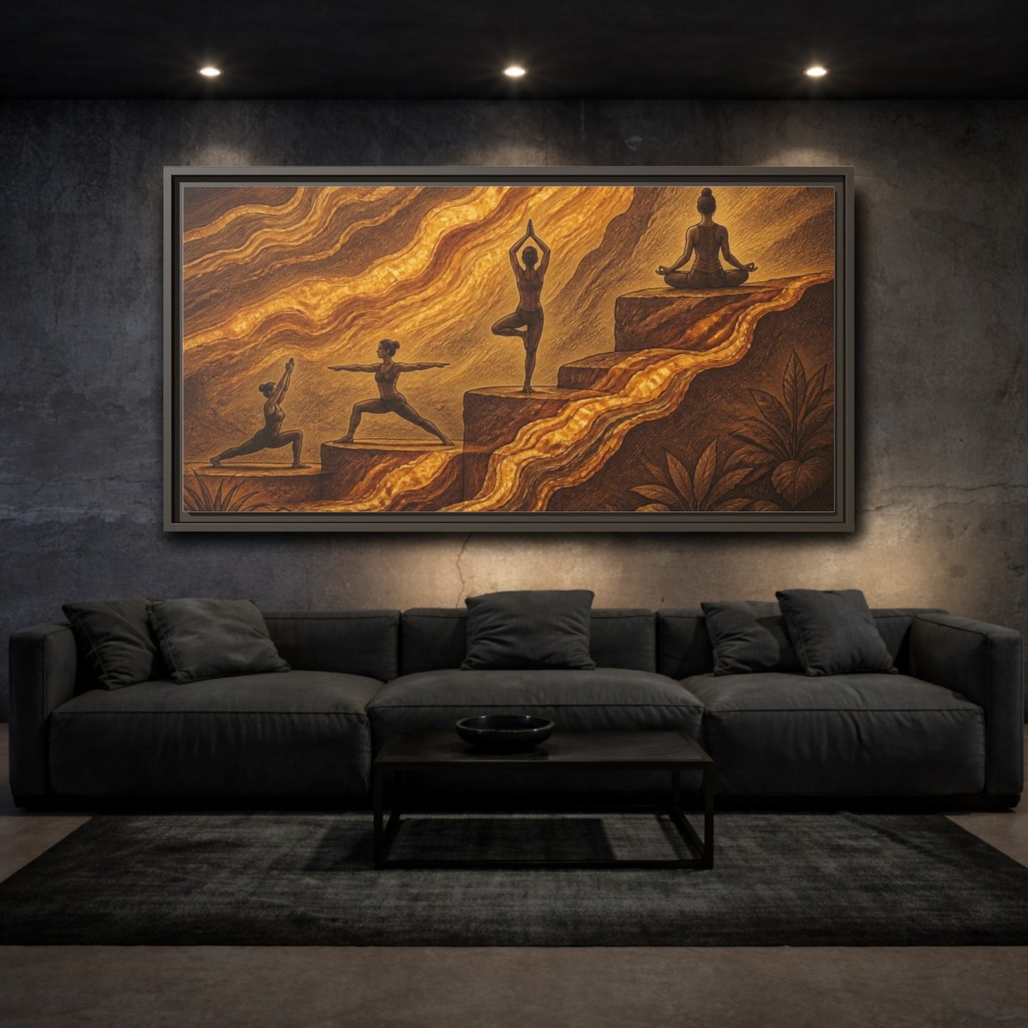 Mockup 3. Golden Yoga Flow shown as framed canvas print