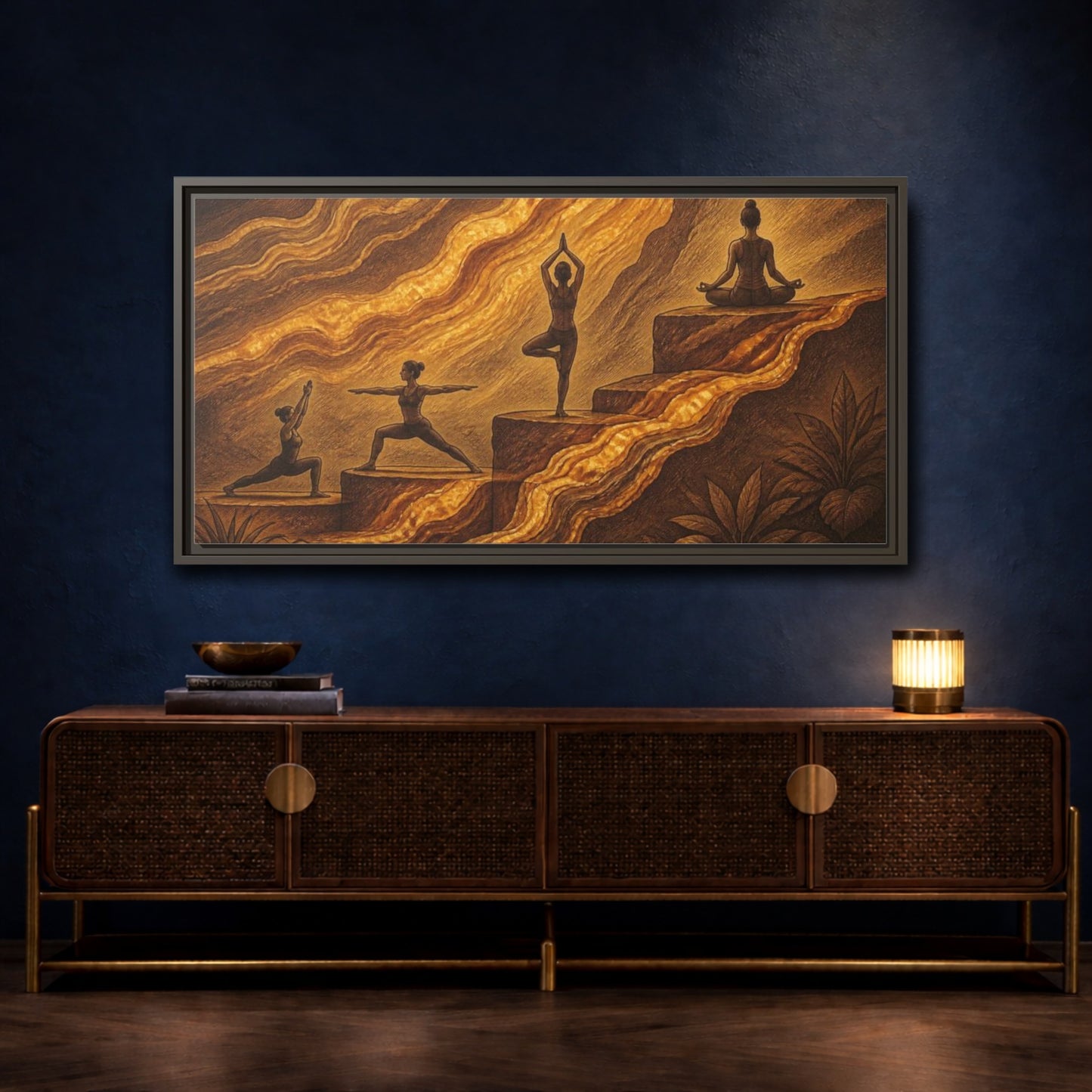 Mockup 4. Golden Yoga Flow shown as framed canvas print
