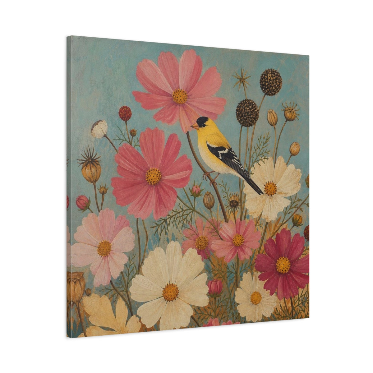 Main Mockup. Goldfinch Among Cosmos shown as canvas print