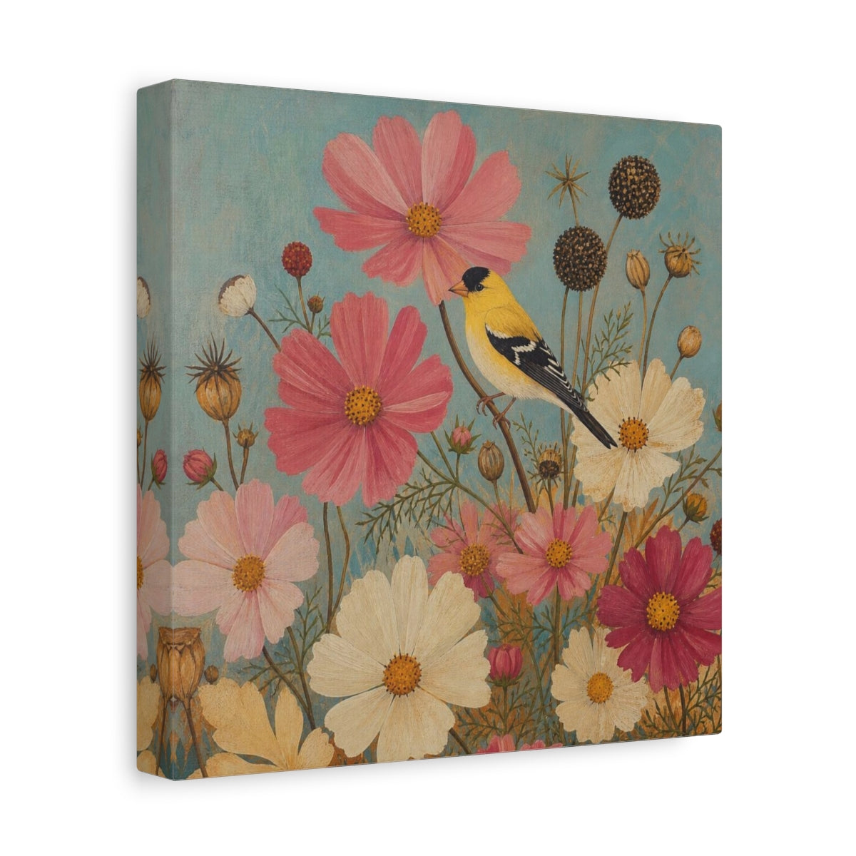 Side Mockup 9. Goldfinch Among Cosmos shown as canvas print