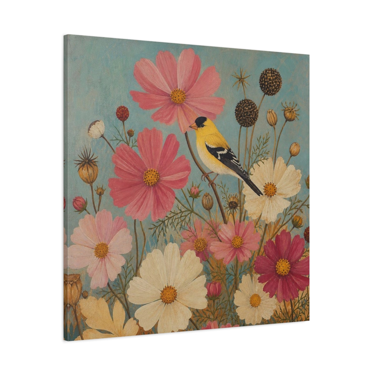 Side Mockup 1. Goldfinch Among Cosmos shown as canvas print