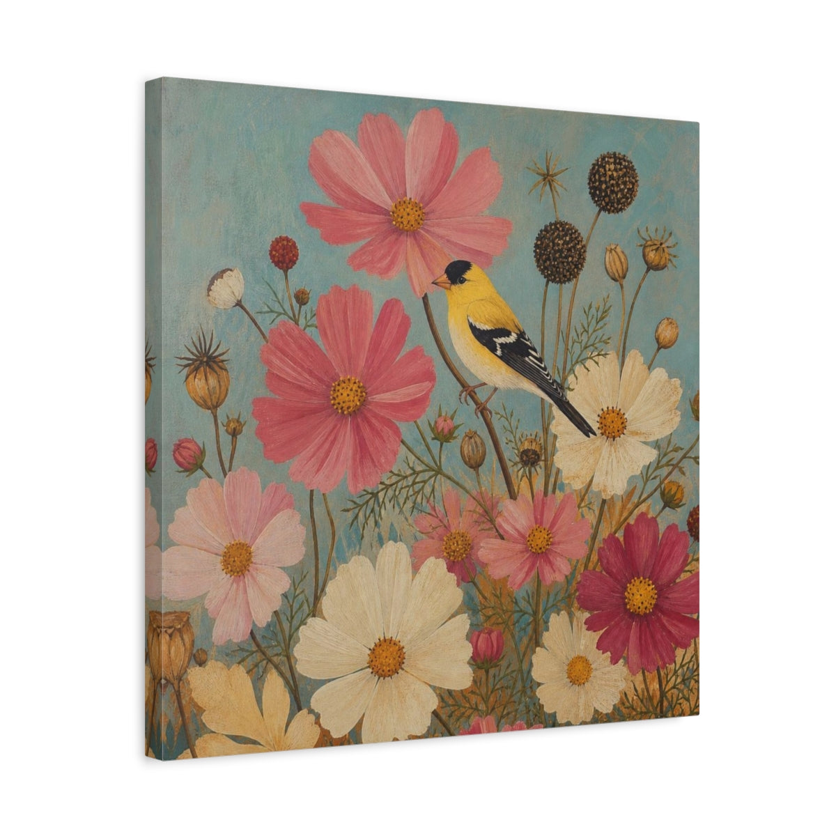 Side Mockup 5. Goldfinch Among Cosmos shown as canvas print