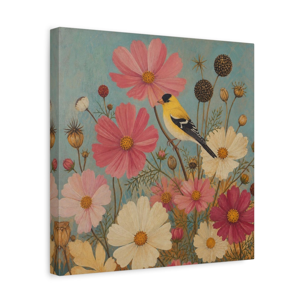 Side Mockup 7. Goldfinch Among Cosmos shown as canvas print