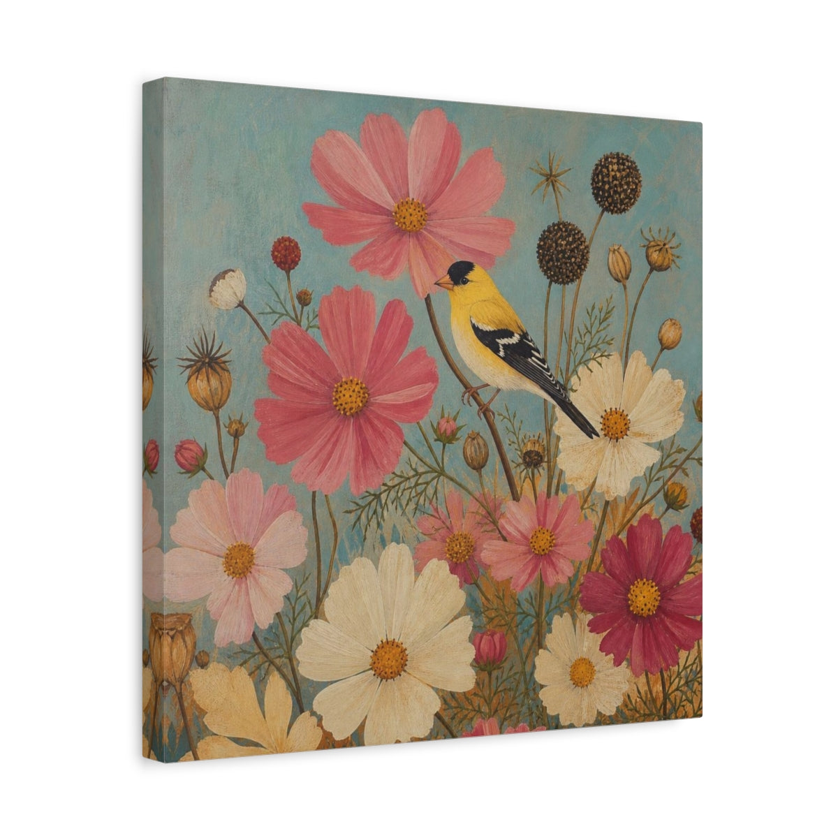 Side Mockup 6. Goldfinch Among Cosmos shown as canvas print