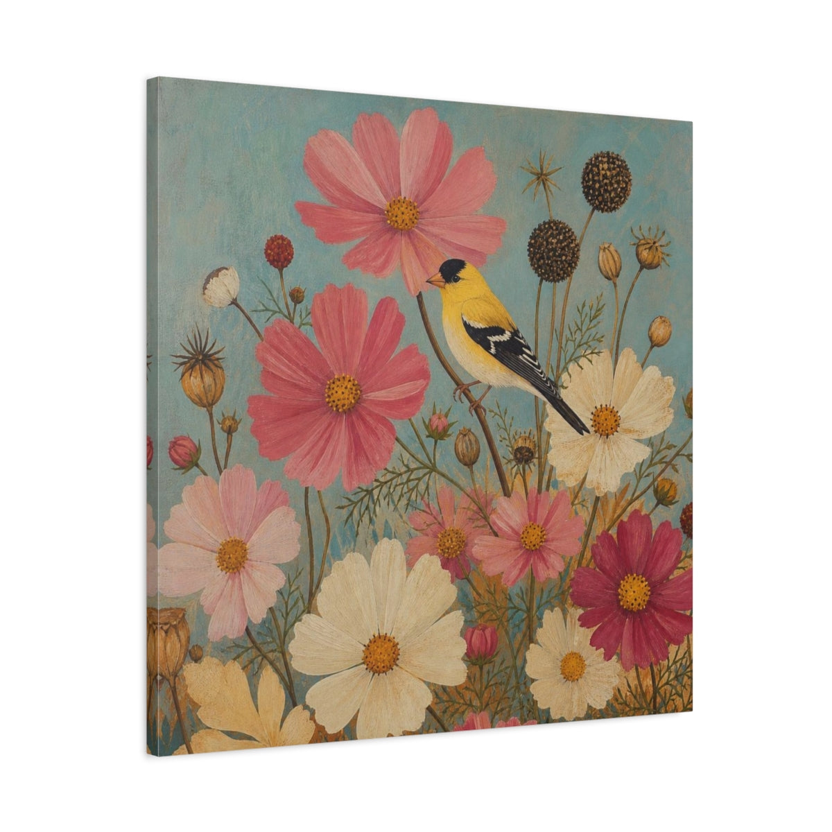 Side Mockup 3. Goldfinch Among Cosmos shown as canvas print